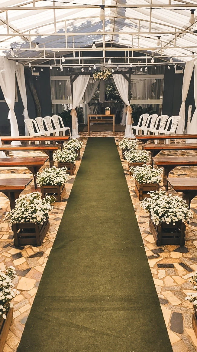 Corredor decorado até o altar no Espaço Lia Coelho, com arco floral, tecido drapeado e iluminação aconchegante